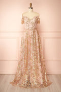 Alienor Taupe | Glittery Off the Shoulder Mesh Maxi Dress
