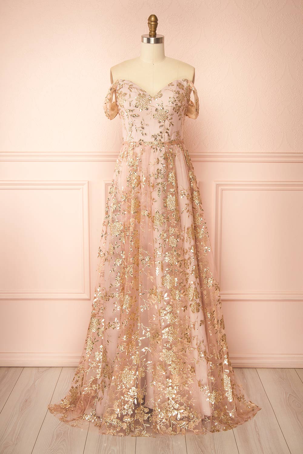 Alienor Taupe | Glittery Off the Shoulder Mesh Maxi Dress