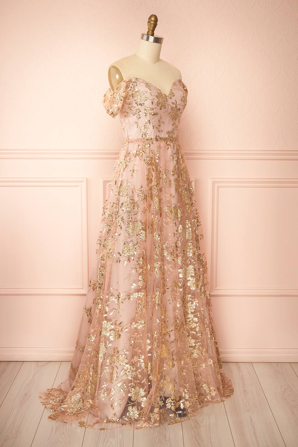Alienor Taupe | Glittery Off the Shoulder Mesh Maxi Dress