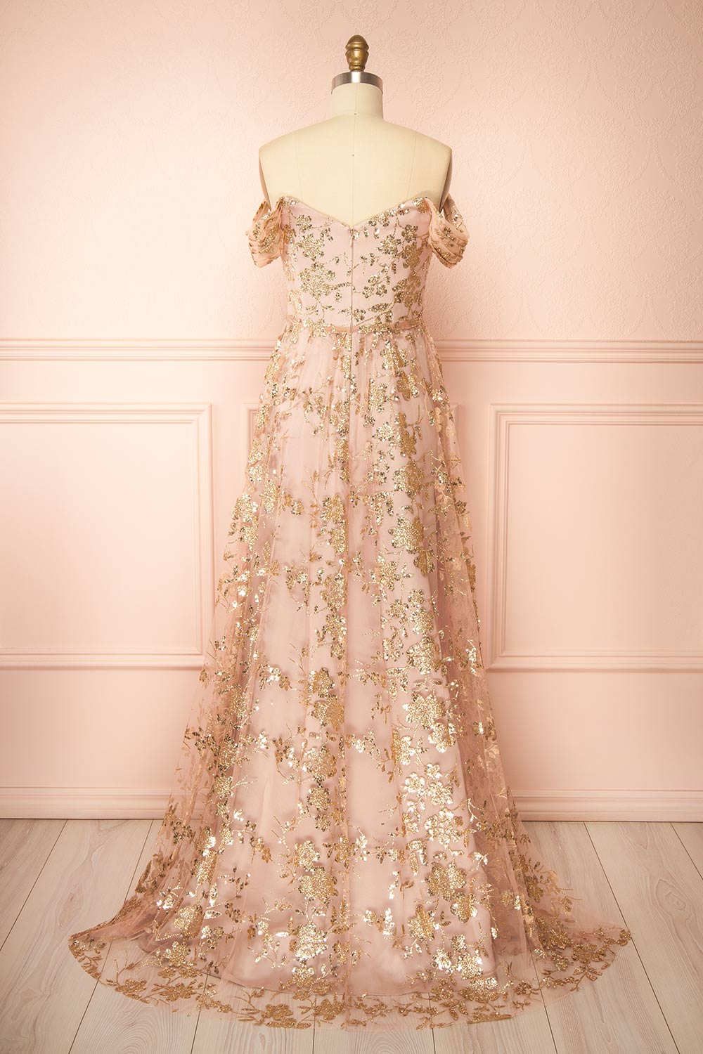 Alienor Taupe | Glittery Off the Shoulder Mesh Maxi Dress