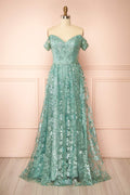Alienor Teal | Glittery Off the Shoulder Mesh Maxi Dress