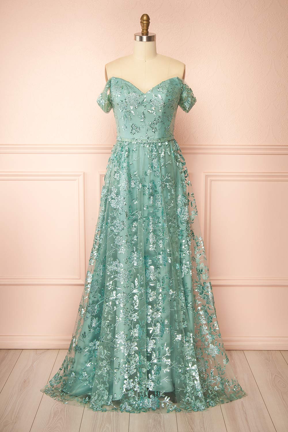 Alienor Teal | Glittery Off the Shoulder Mesh Maxi Dress