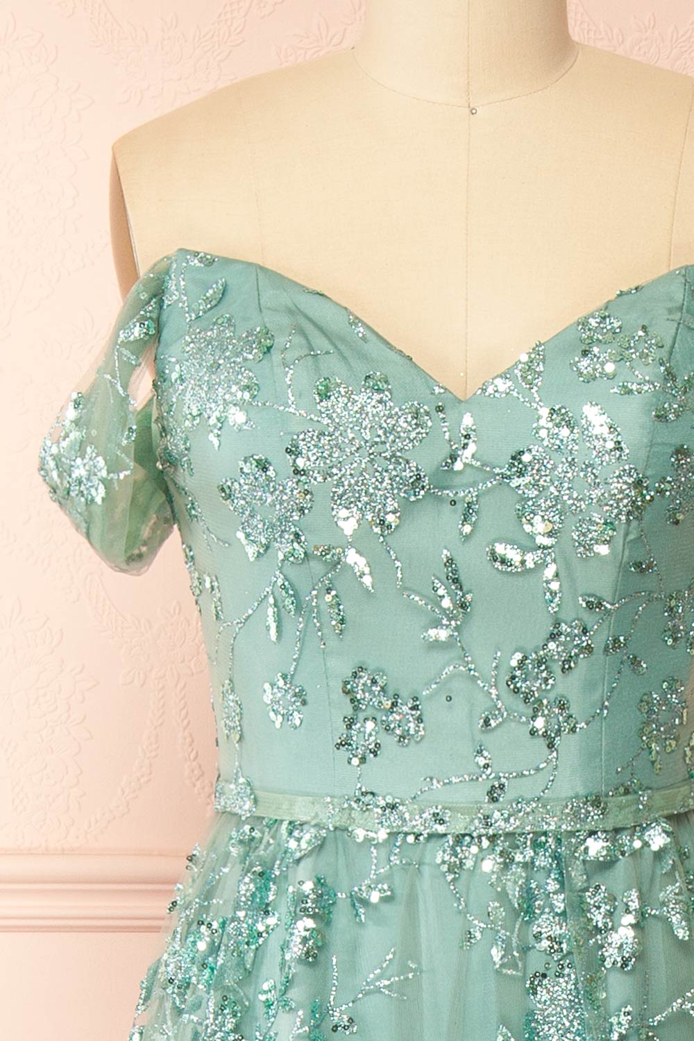 Alienor Teal | Glittery Off the Shoulder Mesh Maxi Dress