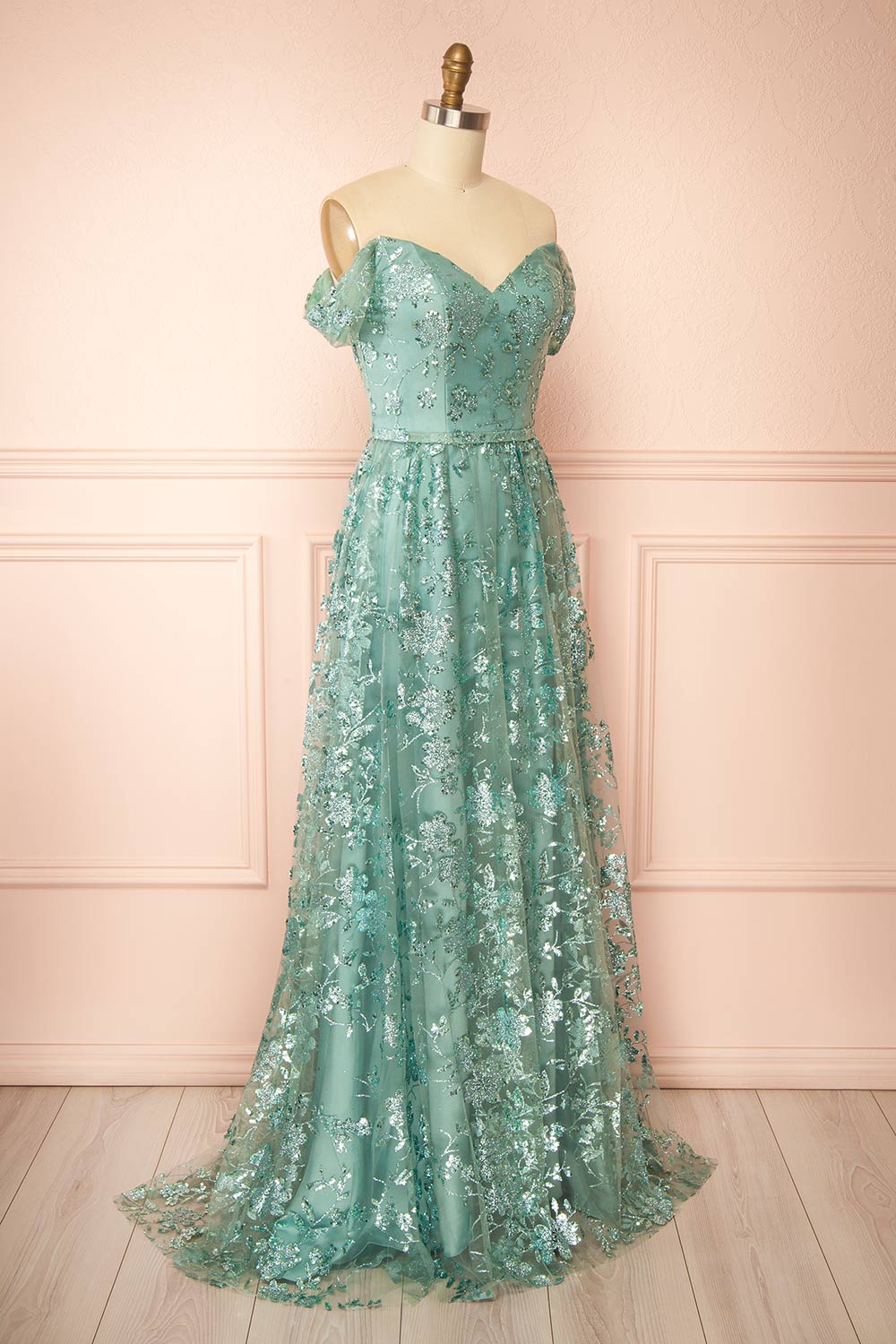 Alienor Teal | Glittery Off the Shoulder Mesh Maxi Dress