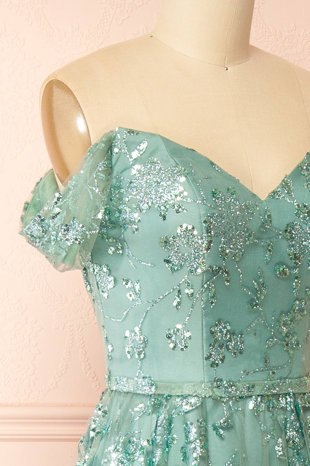 Alienor Teal | Glittery Off the Shoulder Mesh Maxi Dress
