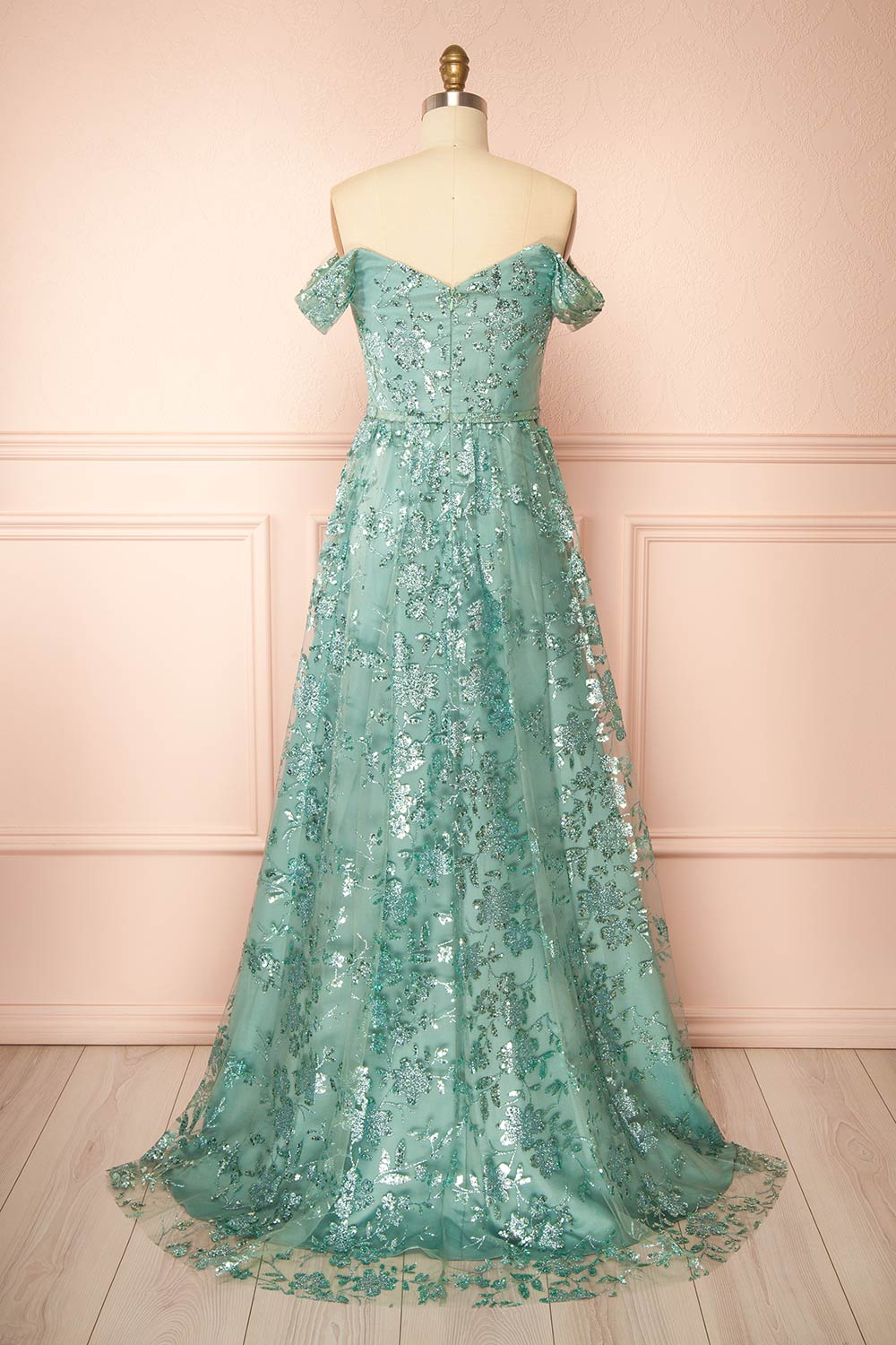 Alienor Teal | Glittery Off the Shoulder Mesh Maxi Dress