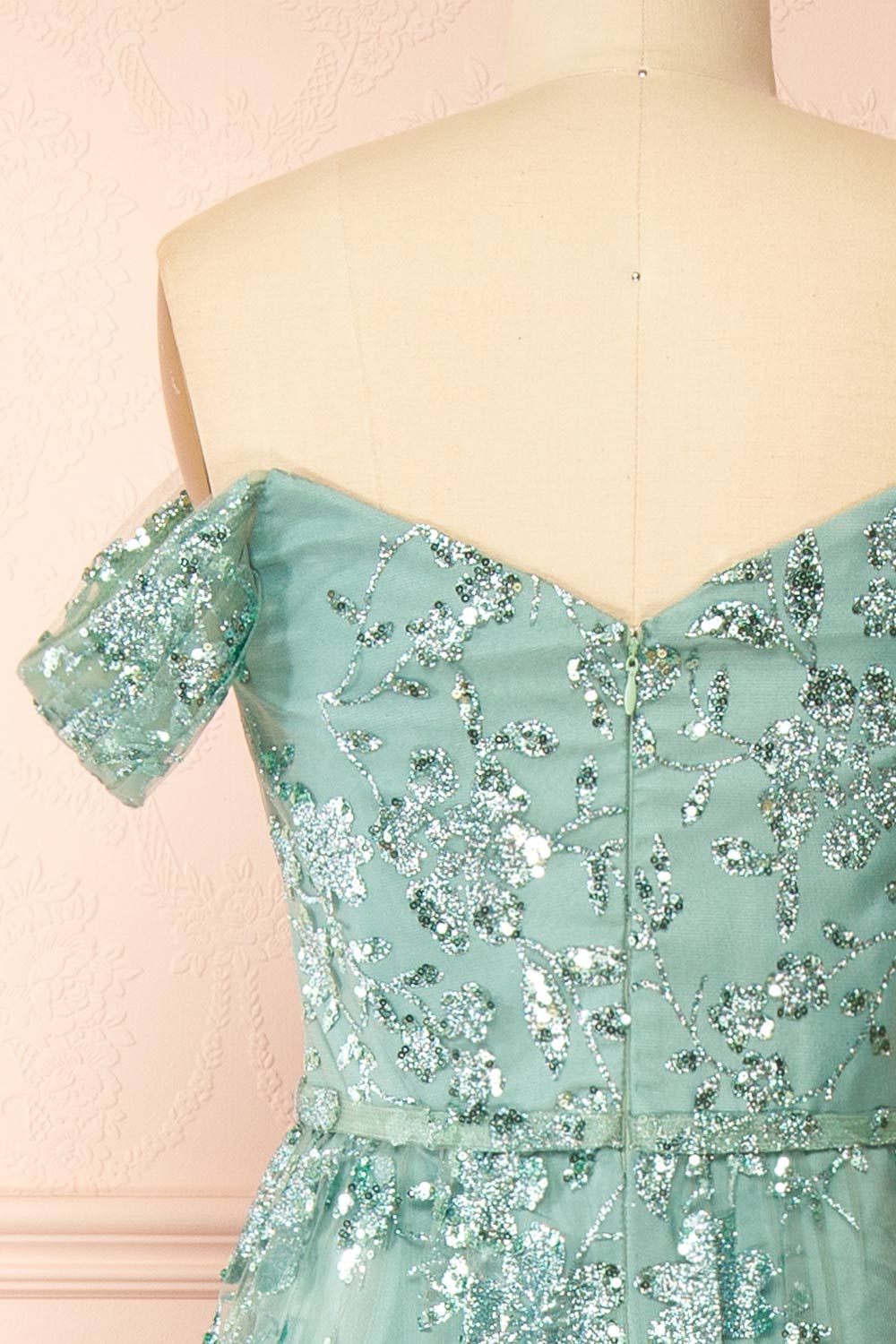 Alienor Teal | Glittery Off the Shoulder Mesh Maxi Dress