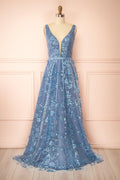 Alix Blue Grey | Glittery V-Neck Maxi Dress