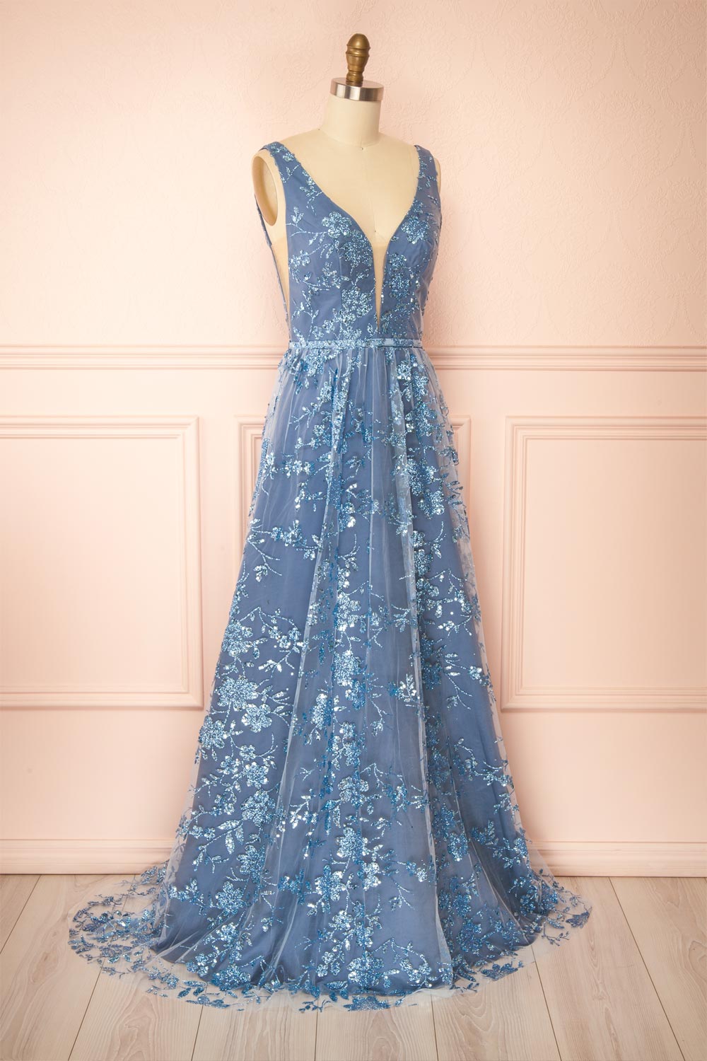 Alix Blue Grey | Glittery V-Neck Maxi Dress
