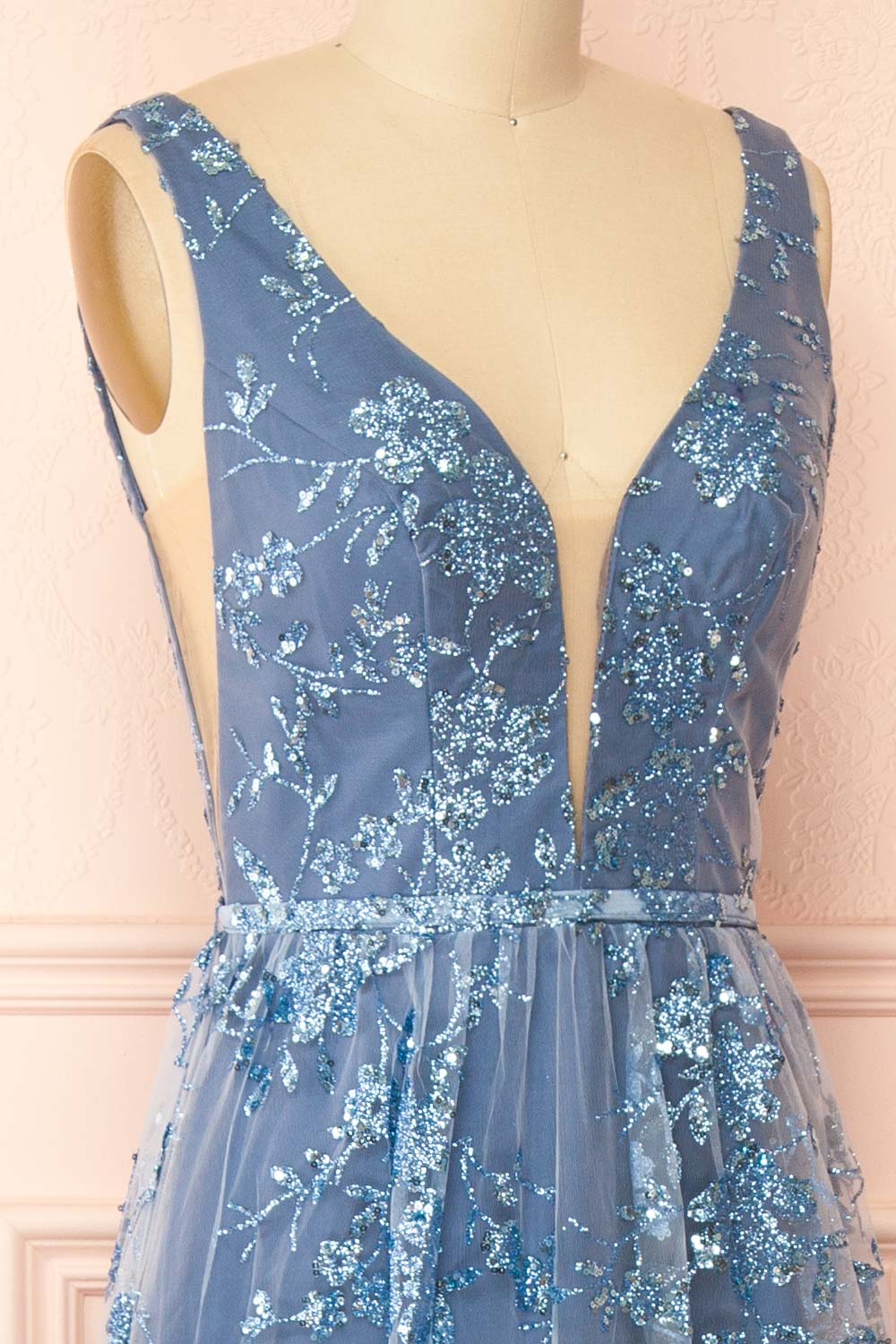 Alix Blue Grey | Glittery V-Neck Maxi Dress