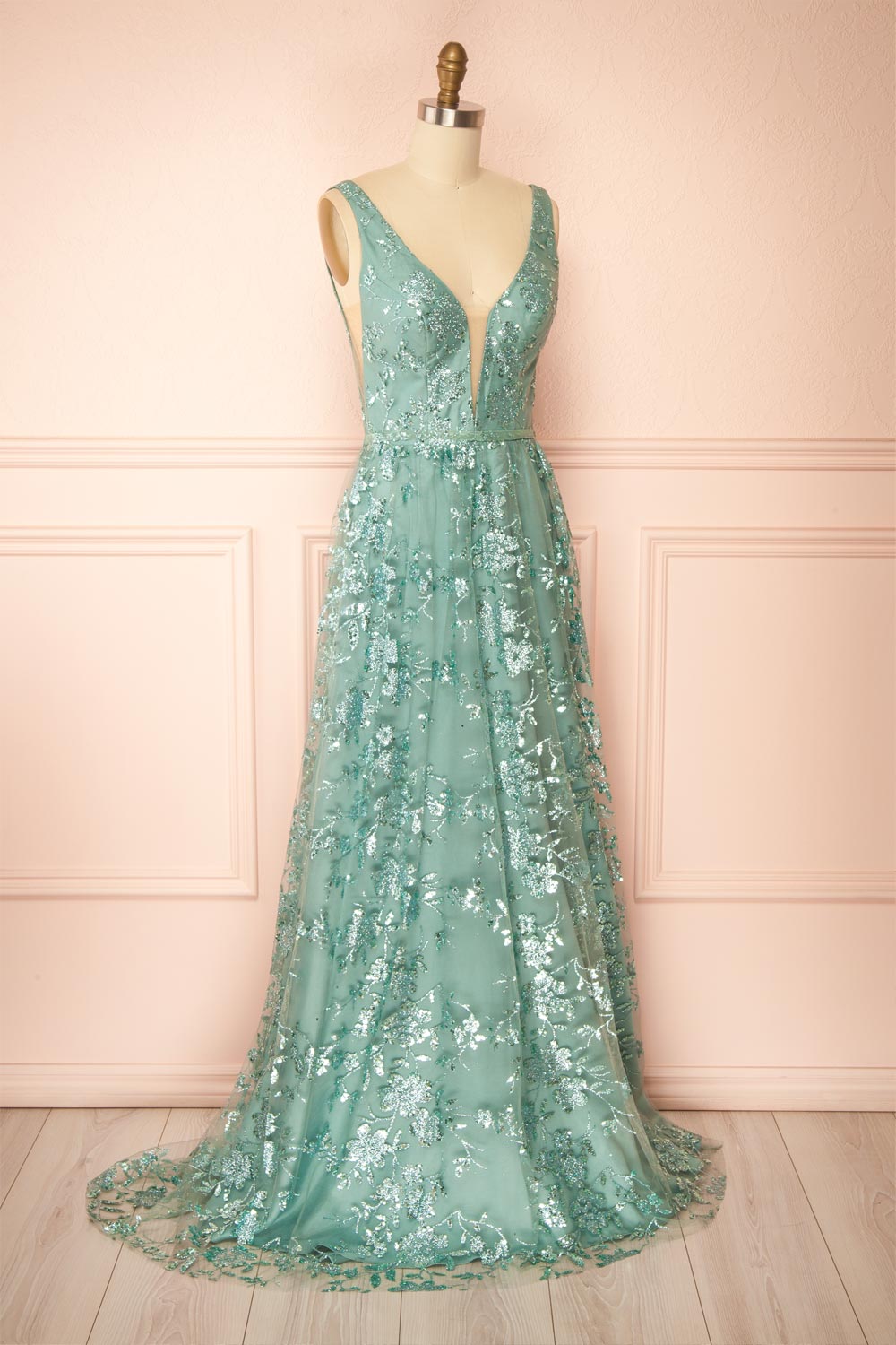 Alix Teal | Glittery V-Neck Maxi Dress