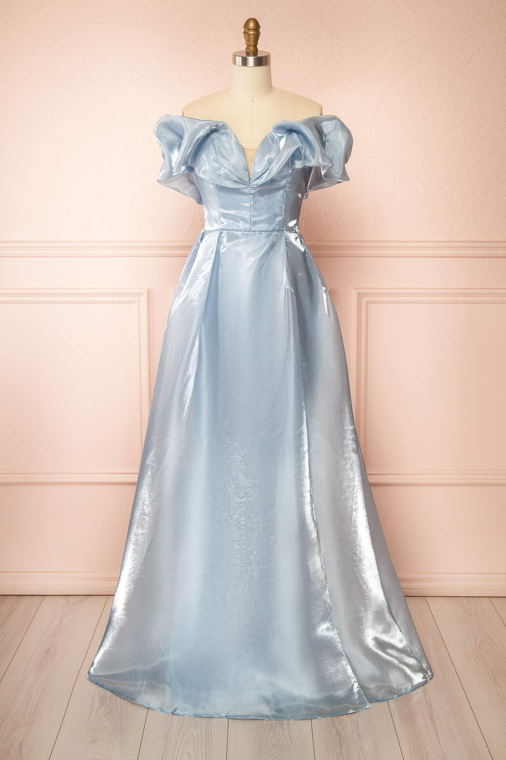 Amarae Blue | Shimmering Organza Off-the-Shoulder Maxi Dress with Slit