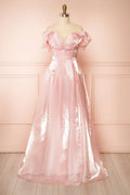 Amarae Pink | Shimmering Organza Off-the-Shoulder Maxi Dress with Slit