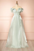 Amarae Sage | Shimmering Organza Off-the-Shoulder Maxi Dress with Slit
