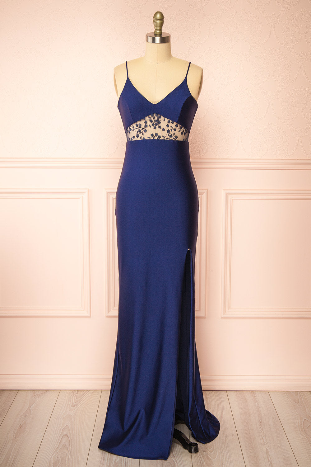 Angelika | Navy Maxi Dress with Embroidered Mesh and Slit by Arti Gogna
