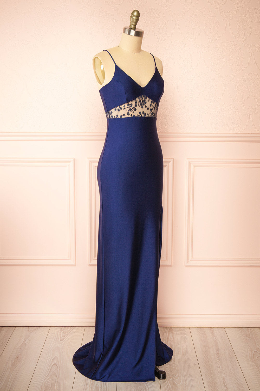 Angelika | Navy Maxi Dress with Embroidered Mesh and Slit by Arti Gogna