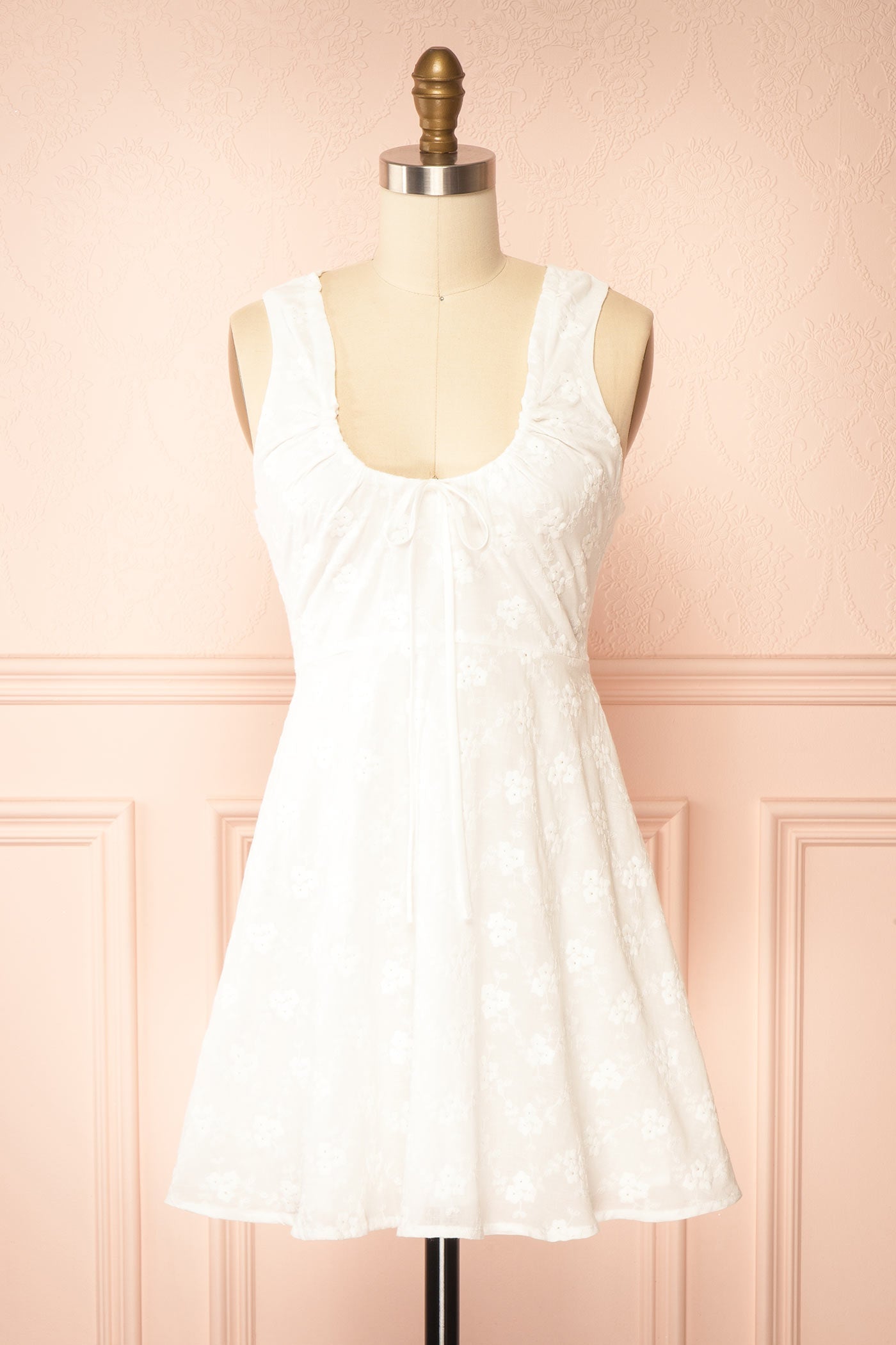 Anysa | White Floral Eyelet Mini Dress with Front Tie