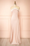 Aralynn Mauve | Lace-Trim Satin Halter Maxi Dress