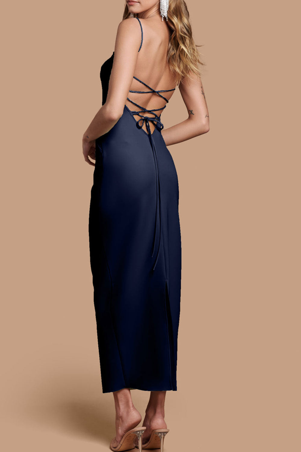 Arannia Navy | Fitted Midi Dress with Laced Back