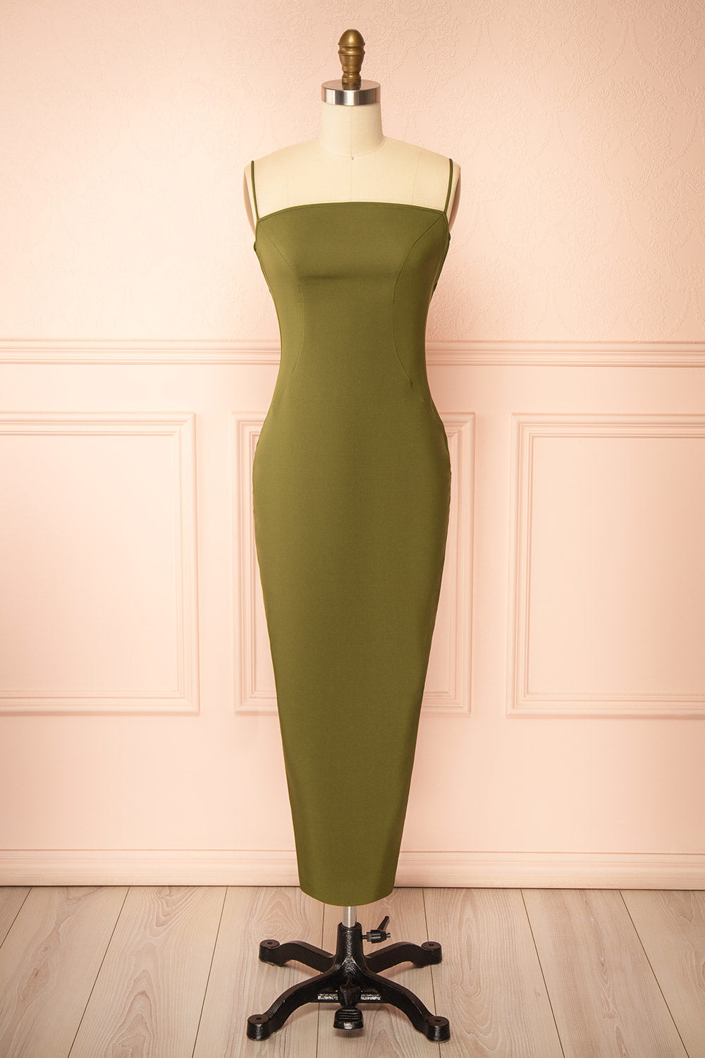 Arannia Khaki | Fitted Midi Dress with Laced Back by Arti Gogna