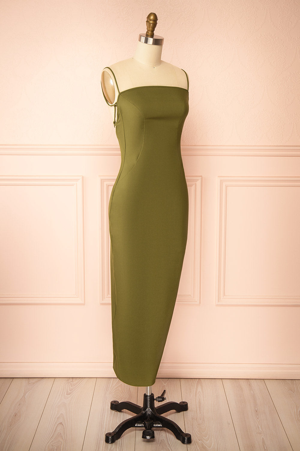 Arannia Khaki | Fitted Midi Dress with Laced Back by Arti Gogna