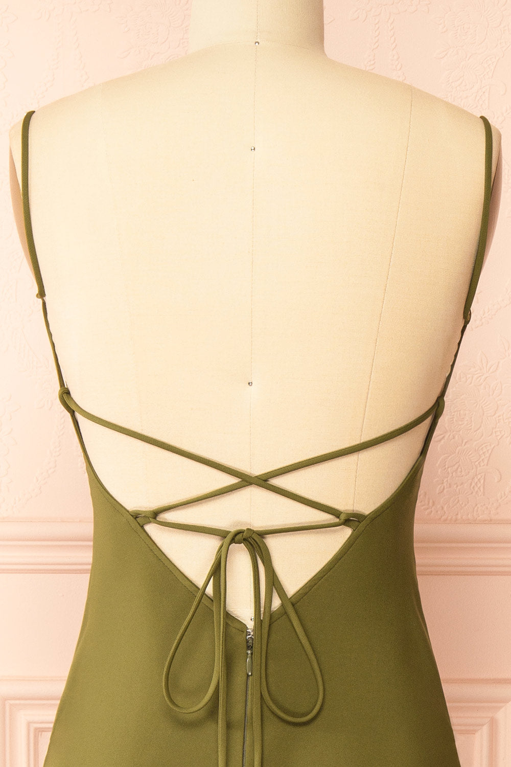 Arannia Khaki | Fitted Midi Dress with Laced Back by Arti Gogna