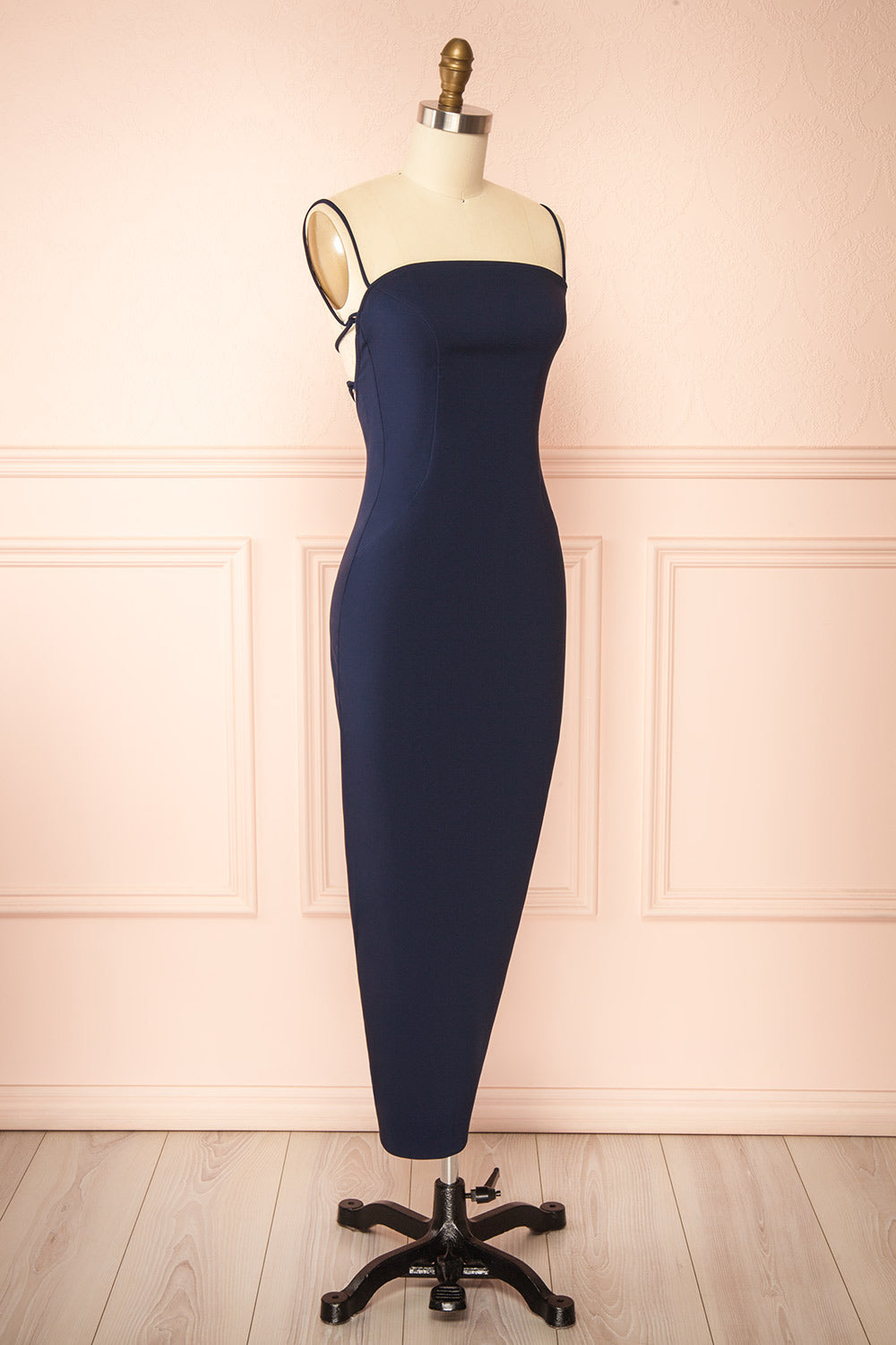 Arannia Navy | Fitted Midi Dress with Laced Back