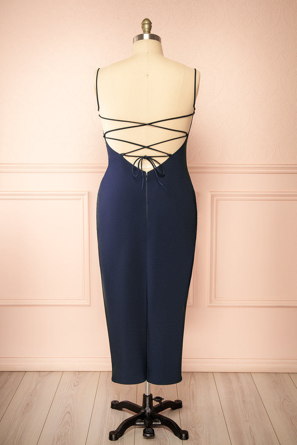 Arannia Navy | Fitted Midi Dress with Laced Back