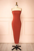 Arannia Rust | Fitted Midi Dress with Laced Back by Arti Gogna