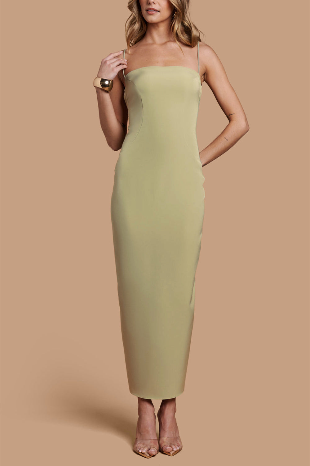 Arannia Sage | Fitted Midi Dress with Laced Back by Arti Gogna