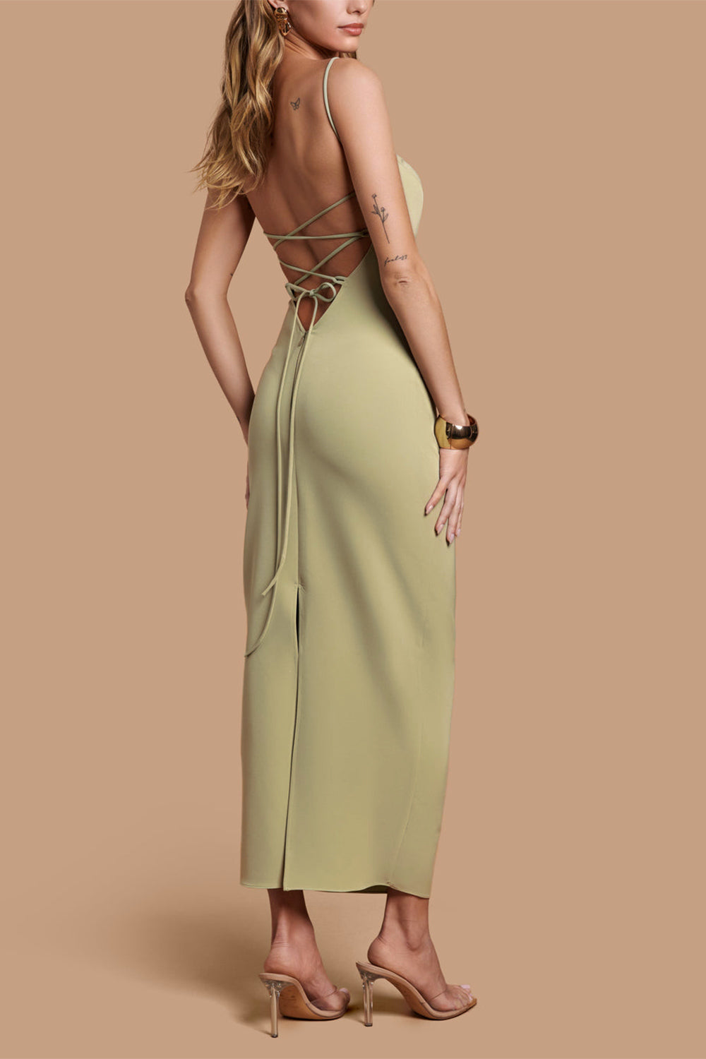 Arannia Sage | Fitted Midi Dress with Laced Back by Arti Gogna