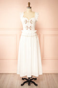 Aspyn | White Floral Embroidered Midi Dress with Smocked Back