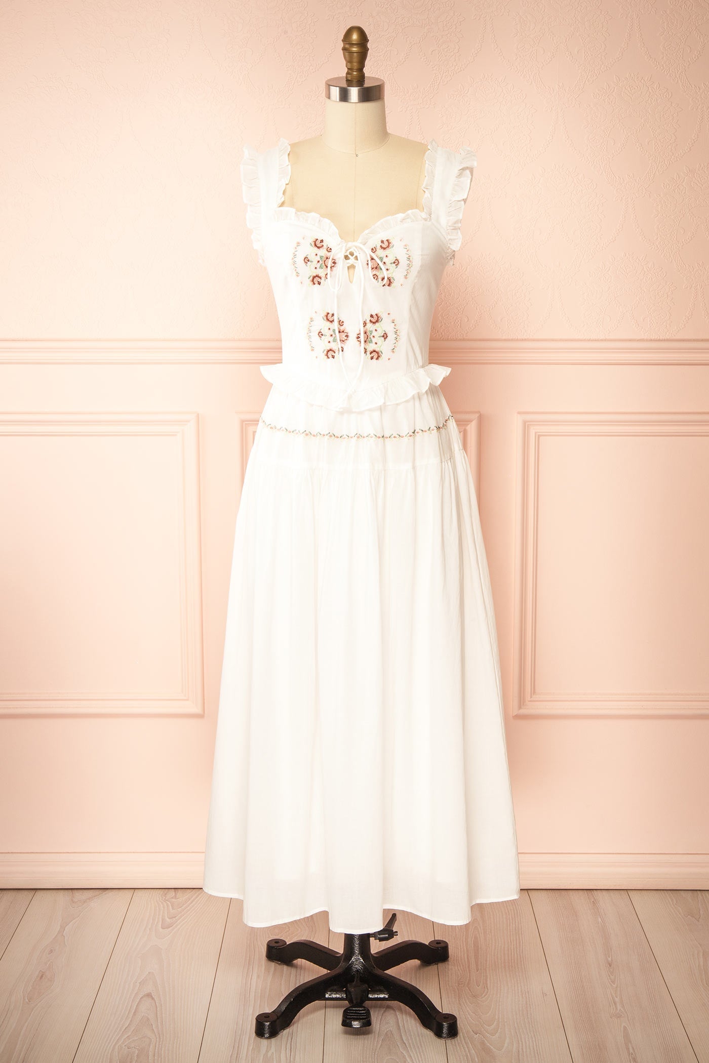 Aspyn | White Floral Embroidered Midi Dress with Smocked Back