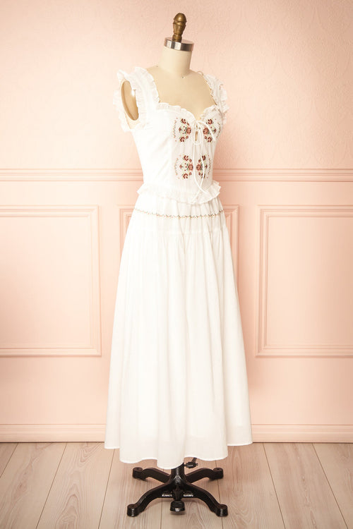 Aspyn | White Floral Embroidered Midi Dress with Smocked Back