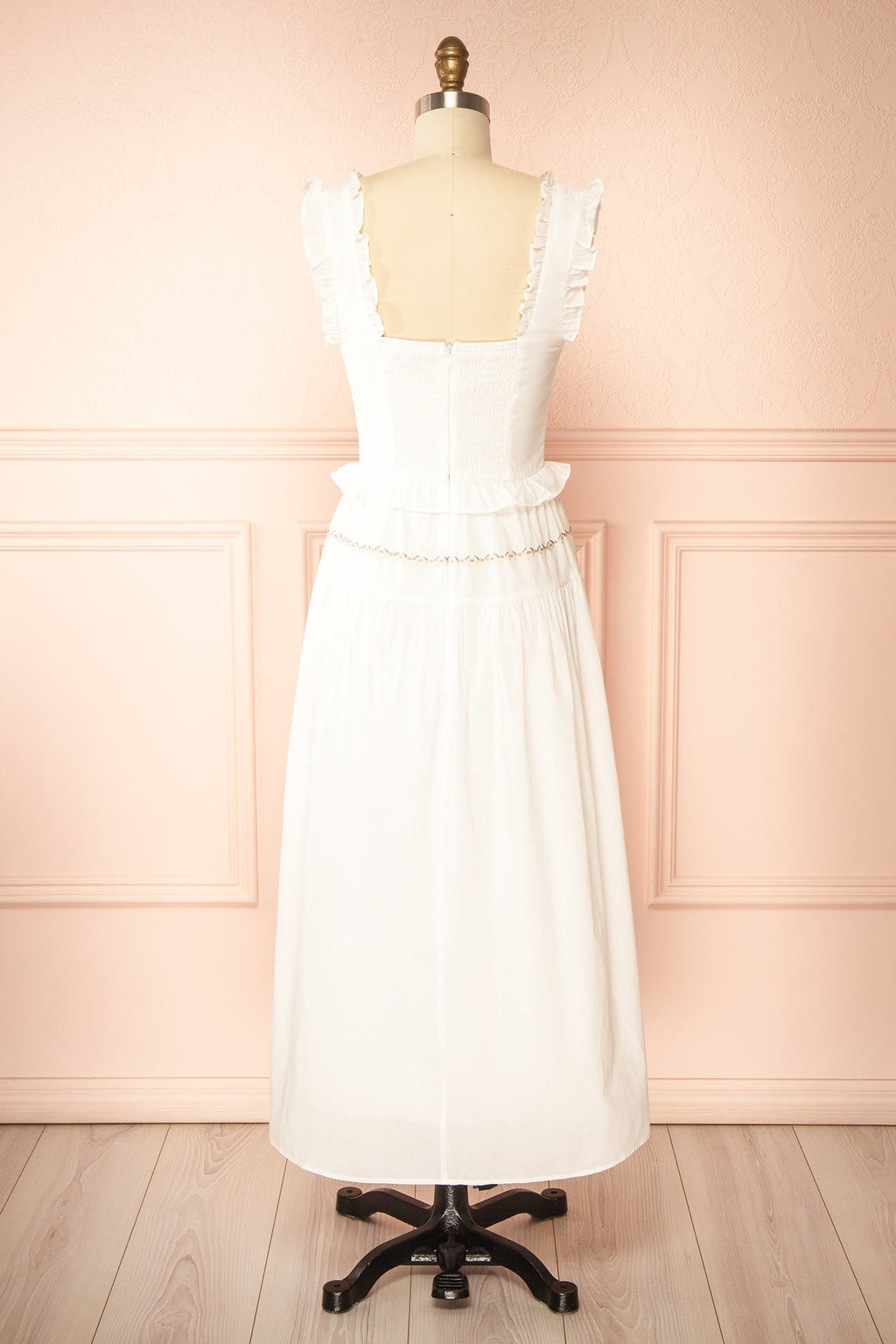 Aspyn | White Floral Embroidered Midi Dress with Smocked Back