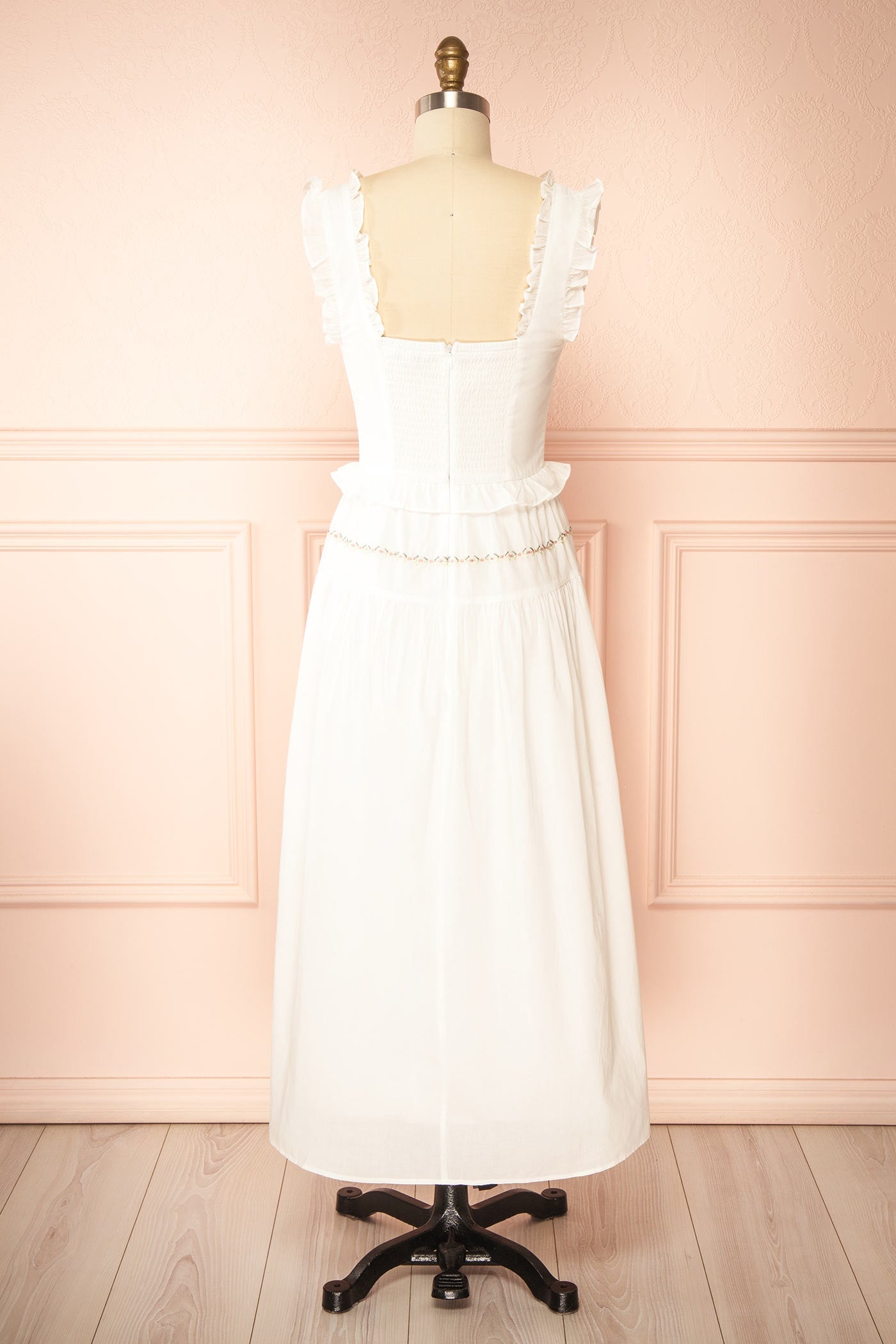 Aspyn | White Floral Embroidered Midi Dress with Smocked Back