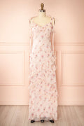 Aventina | Blush Maxi Dress with Ruffles and Floral Pattern