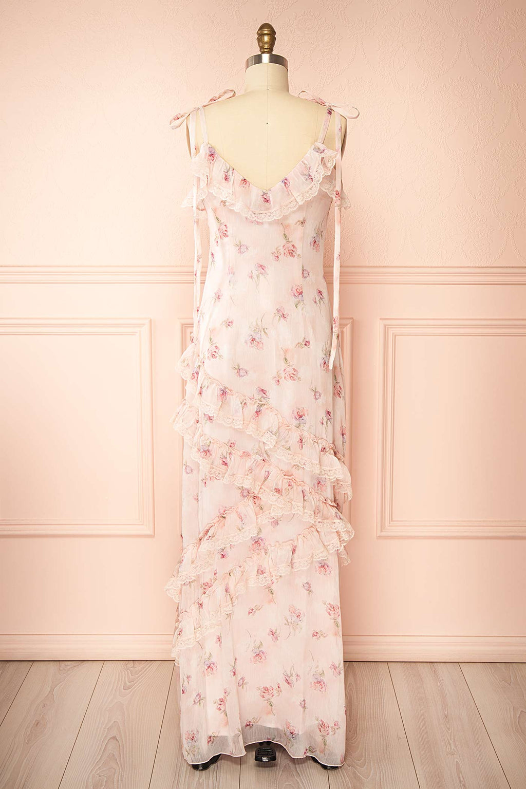 Aventina | Blush Maxi Dress with Ruffles and Floral Pattern