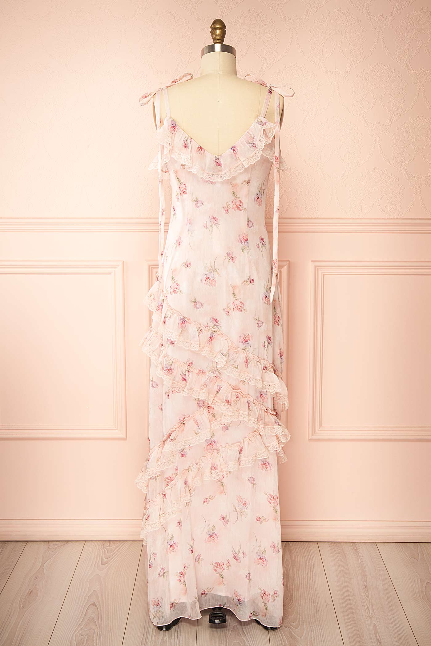 Aventina | Blush Maxi Dress with Ruffles and Floral Pattern