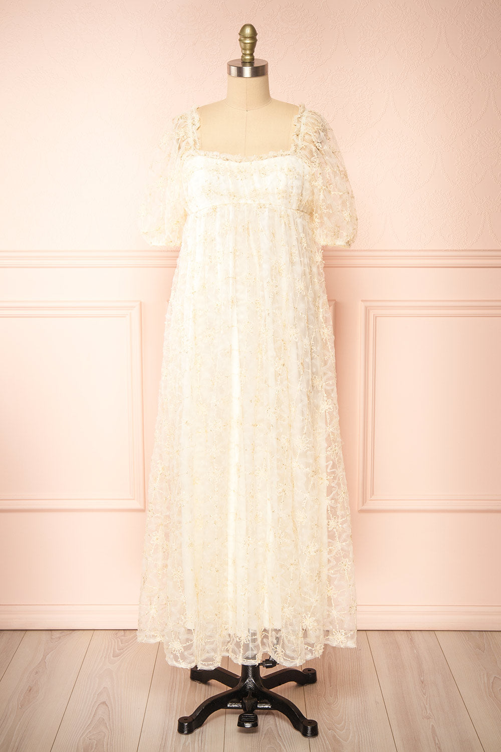 Bambina | Empire Waist Short Sleeve Maxi Dress with Embroidered Tulle
