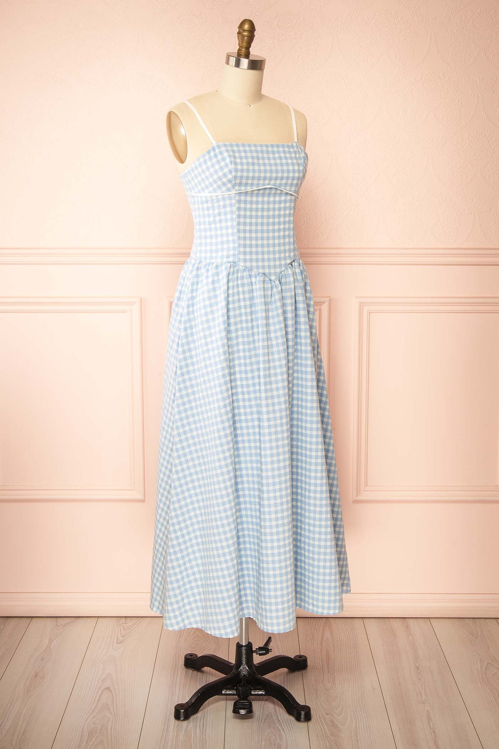 Barley | Blue Gingham Open Back Maxi Dress with Bow Detail