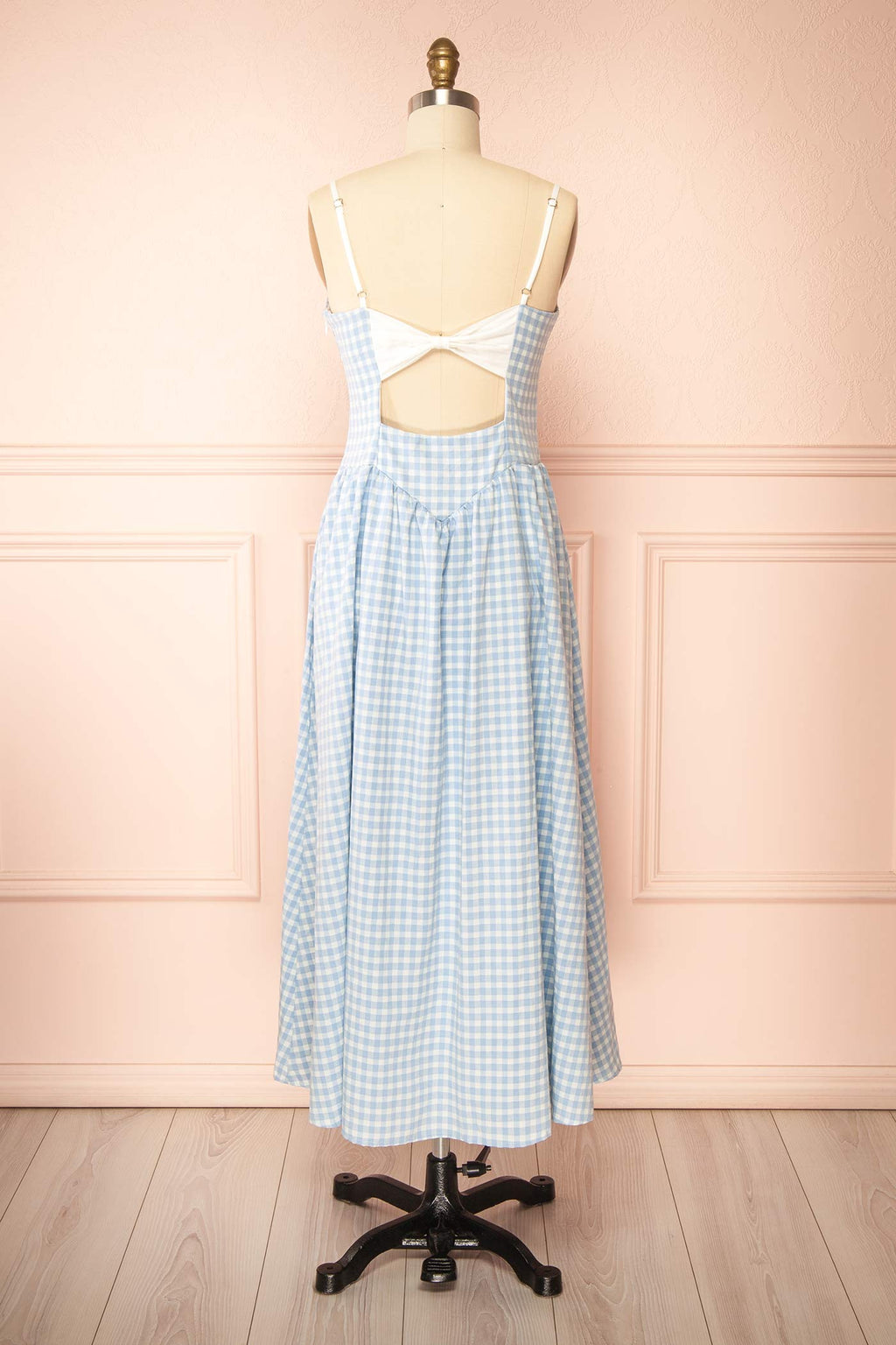Barley | Blue Gingham Open Back Maxi Dress with Bow Detail