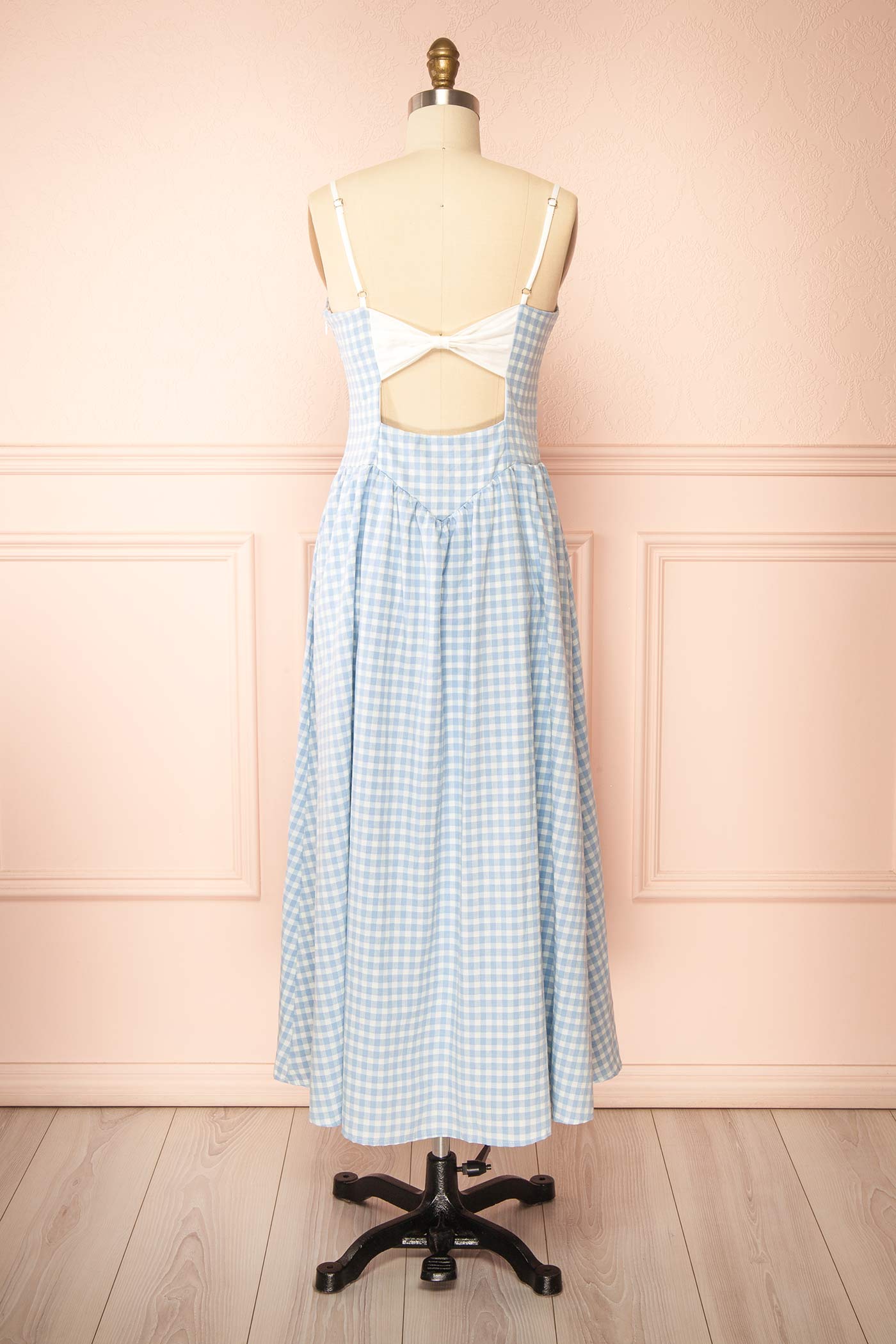 Barley | Blue Gingham Open Back Maxi Dress with Bow Detail