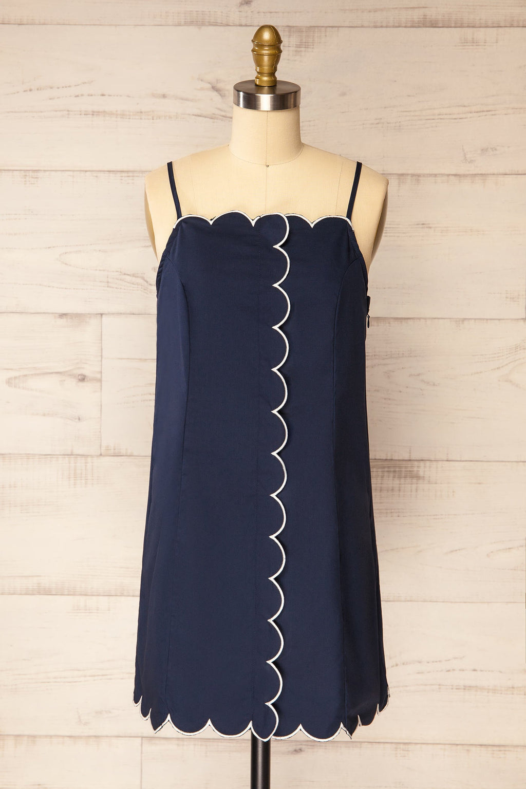 Bithur | Navy Scalloped Trim Short Dress with Contrast Piping
