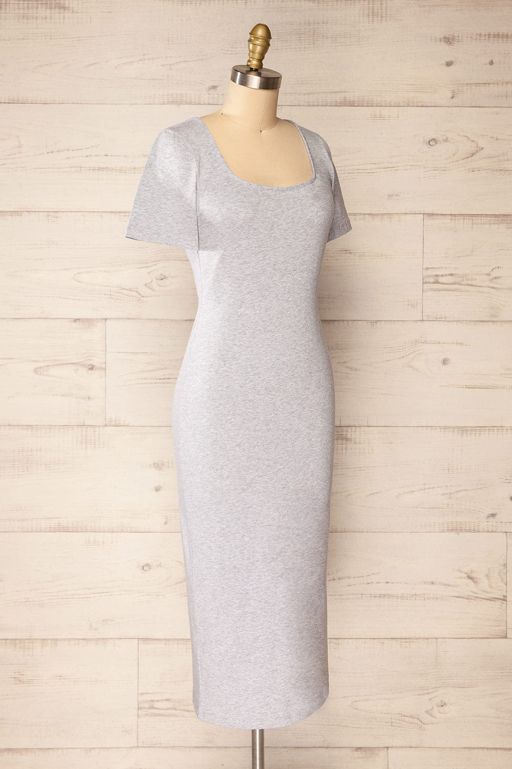 Bogota Grey | Short Sleeve Midi Dress w/ Square Neckline