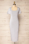 Bogota Grey | Short Sleeve Midi Dress w/ Square Neckline