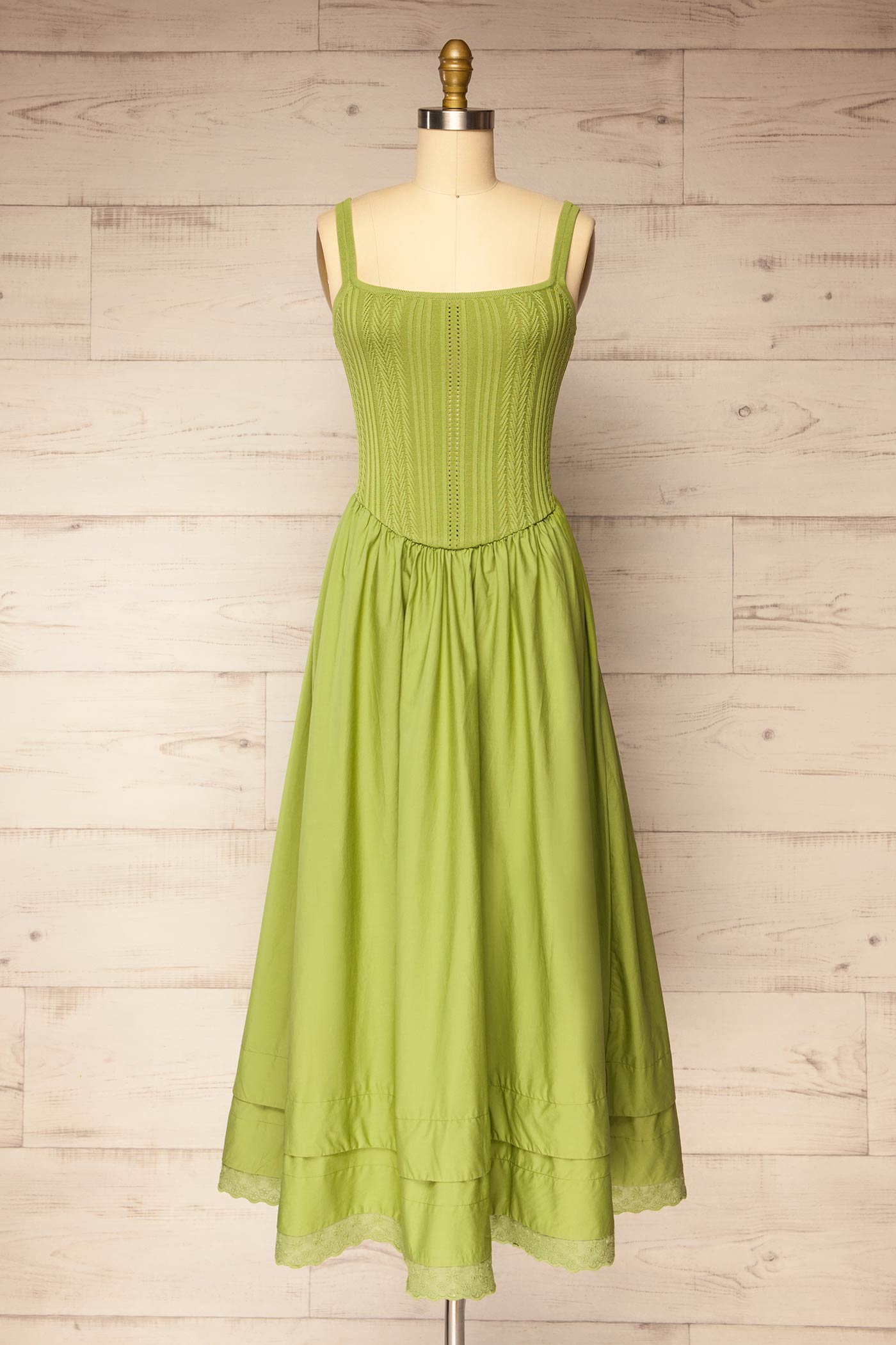 Bolsena Green | Knitted Top Midi Dress with Eyelet Trim