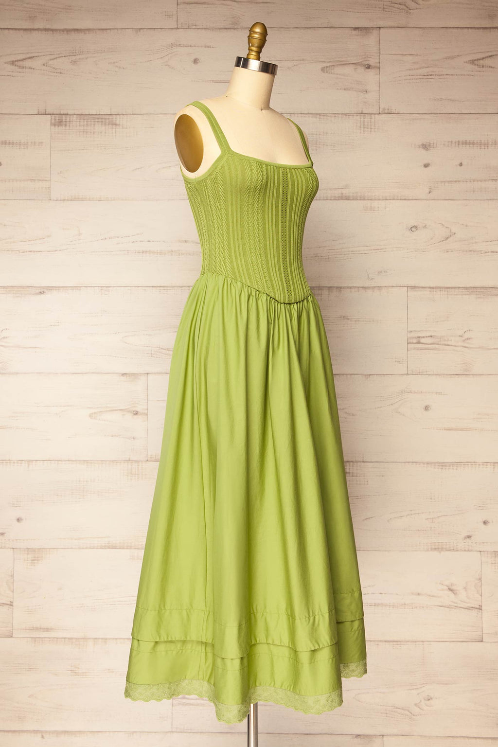 Bolsena Green | Knitted Top Midi Dress with Eyelet Trim