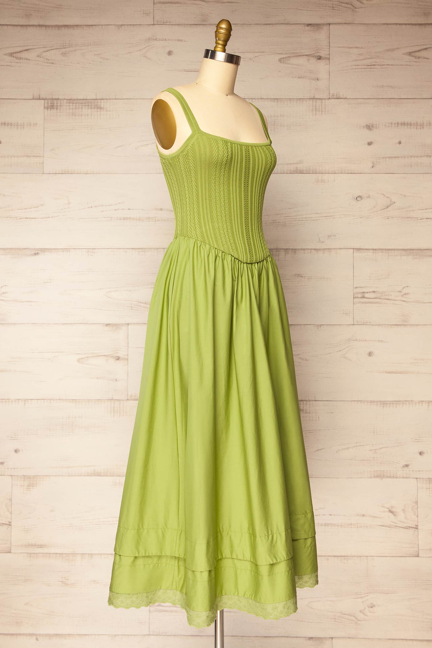 Bolsena Green | Knitted Top Midi Dress with Eyelet Trim
