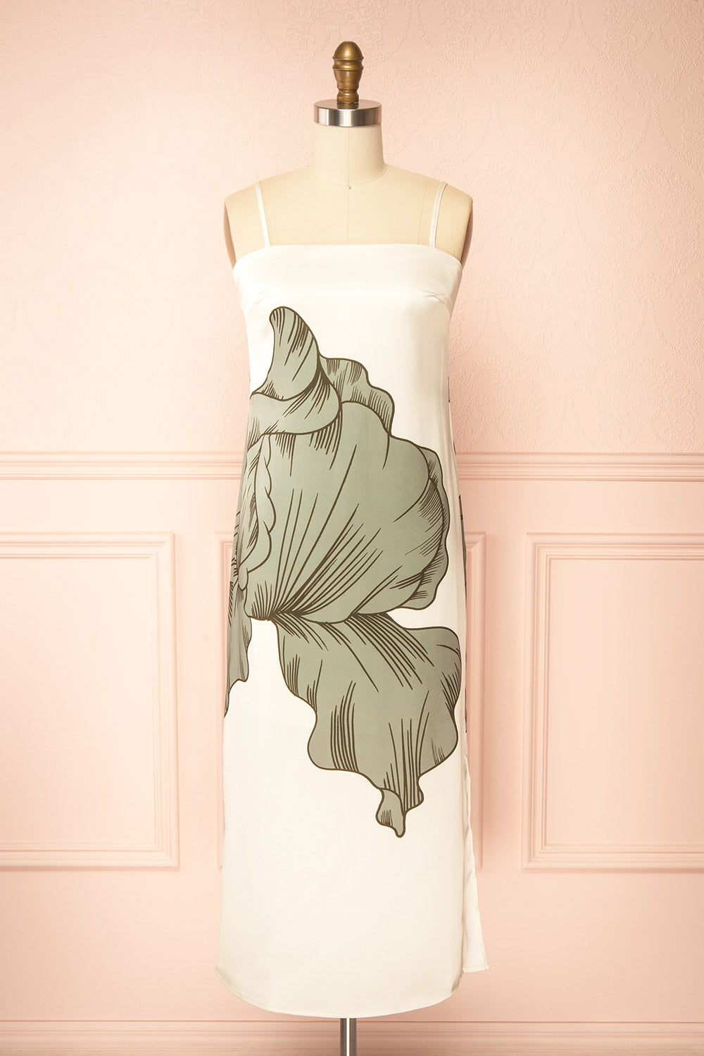 Brynlee | Ivory Midi Satin Dress with Leaf Motif
